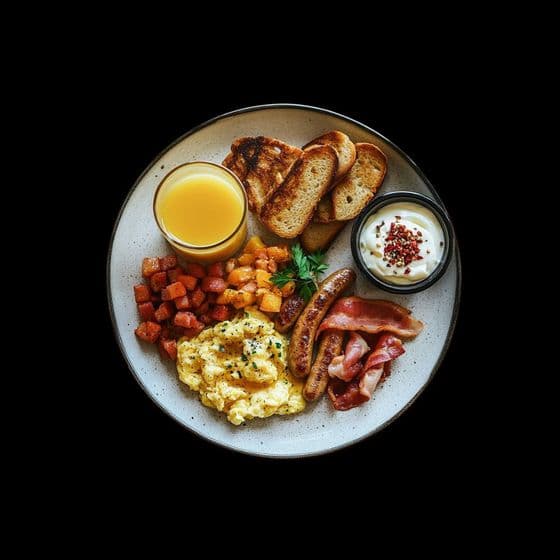 Desayuno completo con huevos, bacon y tostadas